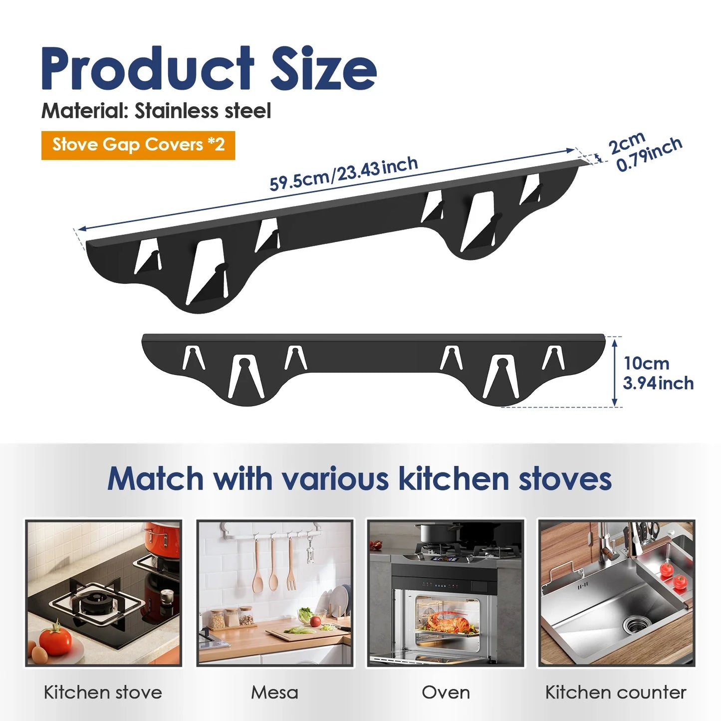 2Pcs Stainless Steel Stove Gap Cover Heat Resistant Kitchen Oven Gap Filler